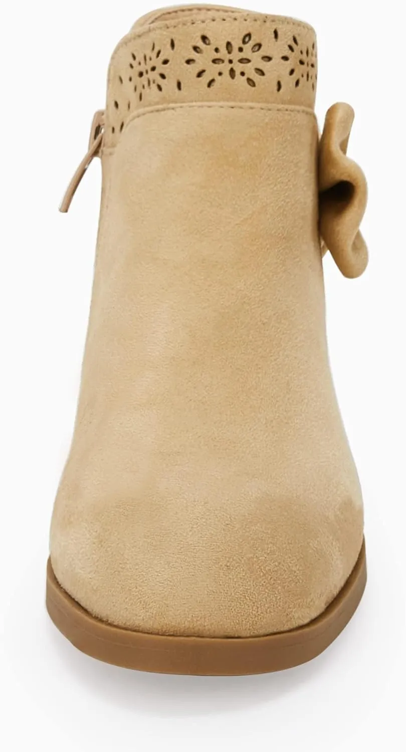 Girls Kids Bow Knot Ankle Boots Faux Suede V Cutout Low Stacked Heel Side Zipper Chelsea Shoes