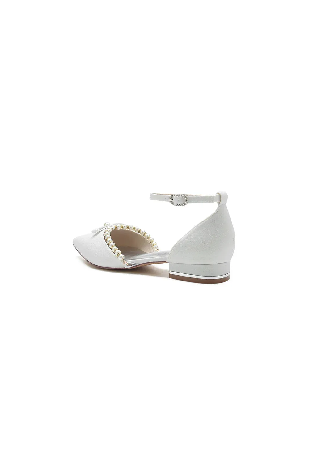 Glitter Pointed Toe Pearl Ankle Strap Low Heels With Bow