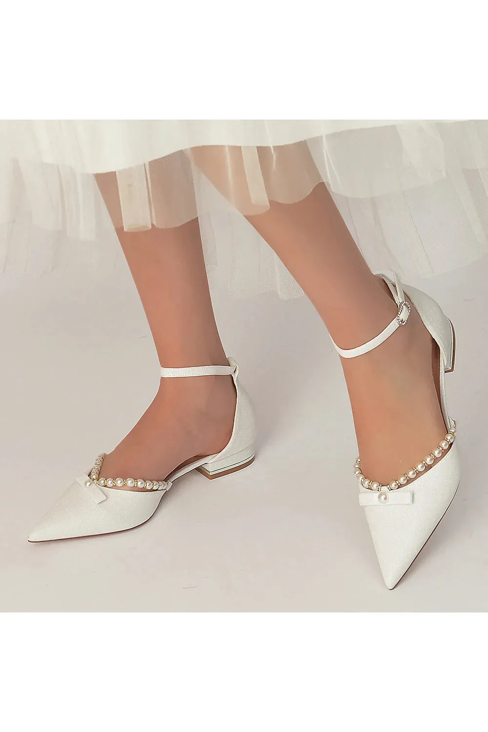 Glitter Pointed Toe Pearl Ankle Strap Low Heels With Bow