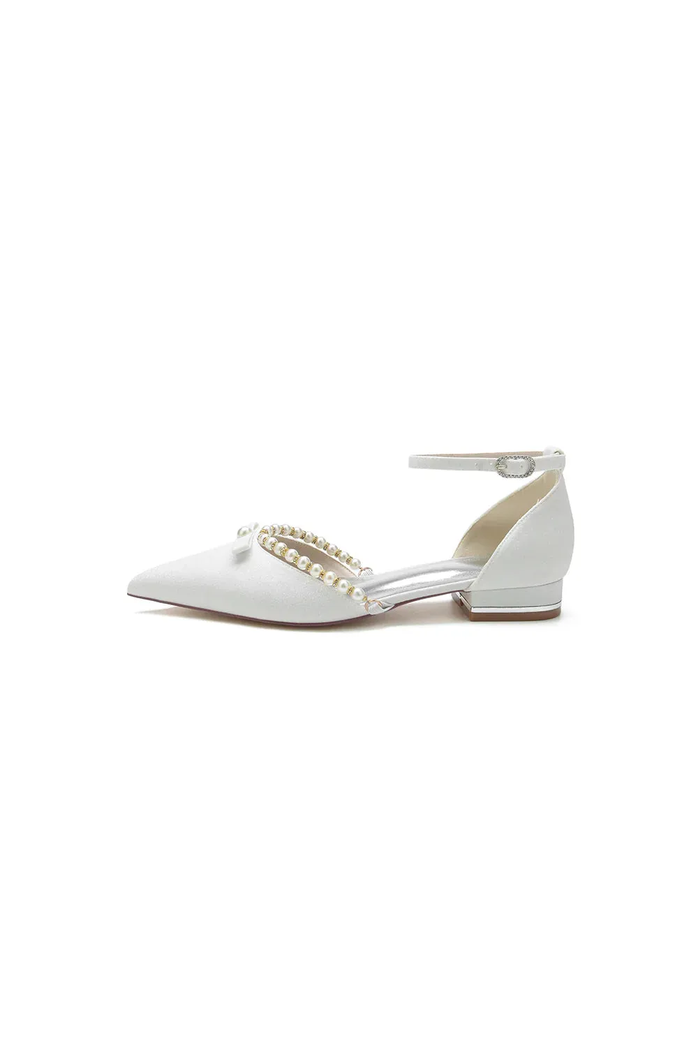 Glitter Pointed Toe Pearl Ankle Strap Low Heels With Bow