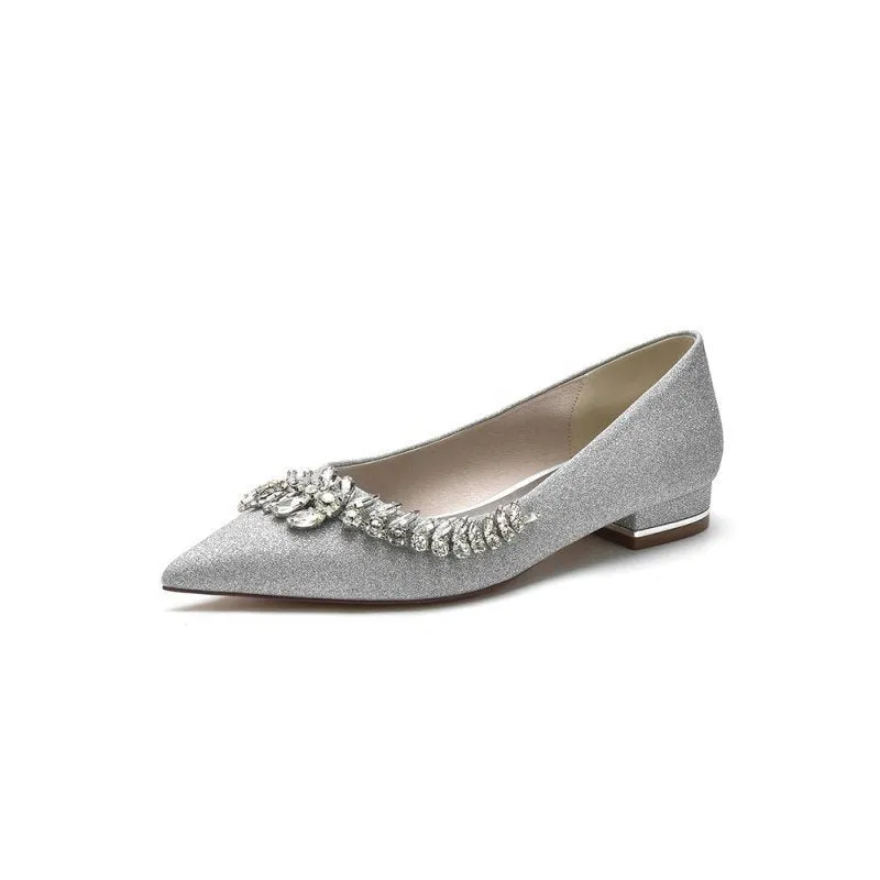 Glitter Pointed Toe Rhinestone Slip-on Low Heels