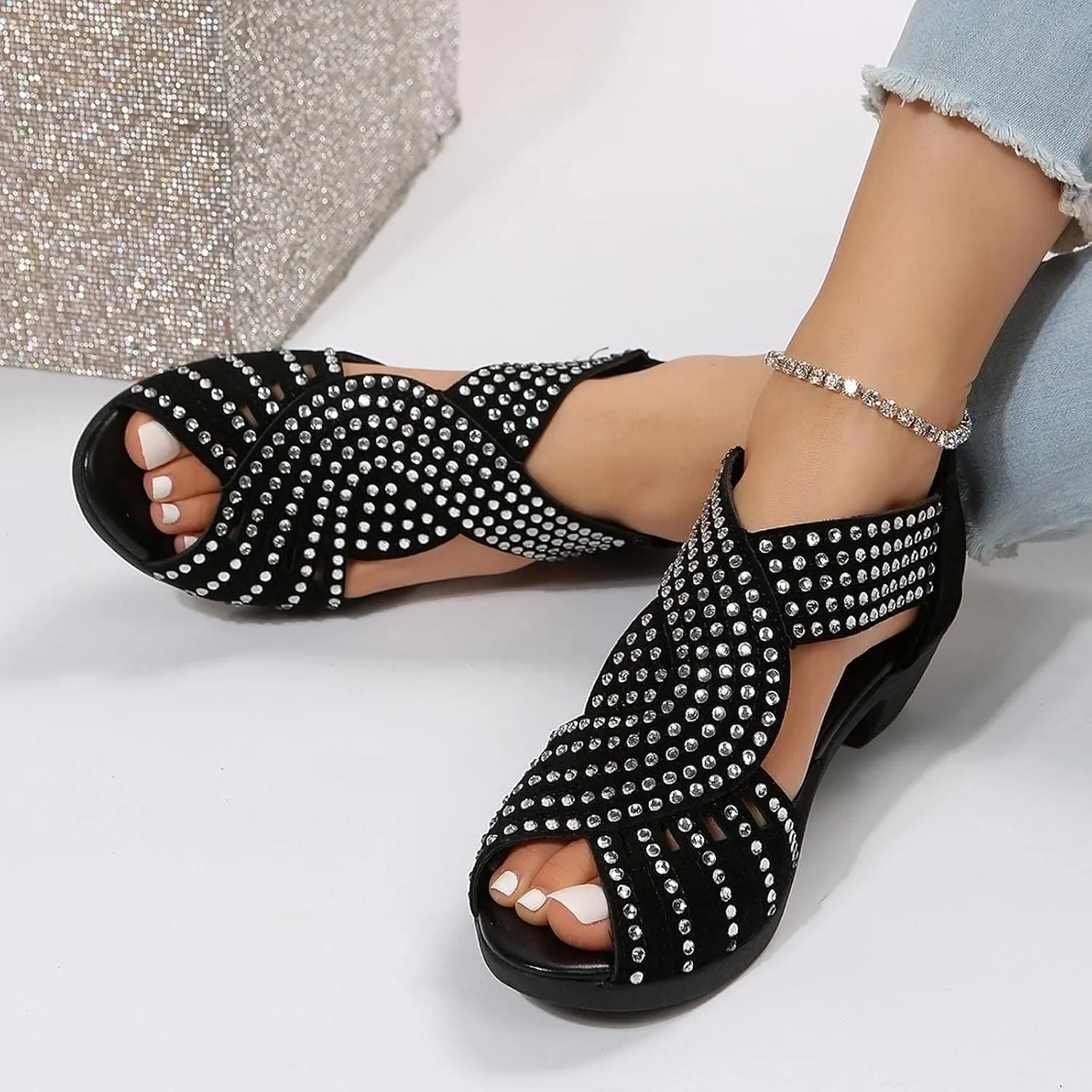 Glow Step Orthopedic Sandals, Brightelites/Soipeshop Low Heel Cut-Out Sandal, Sparkly Rhinestone Open Toe Dress Shoes