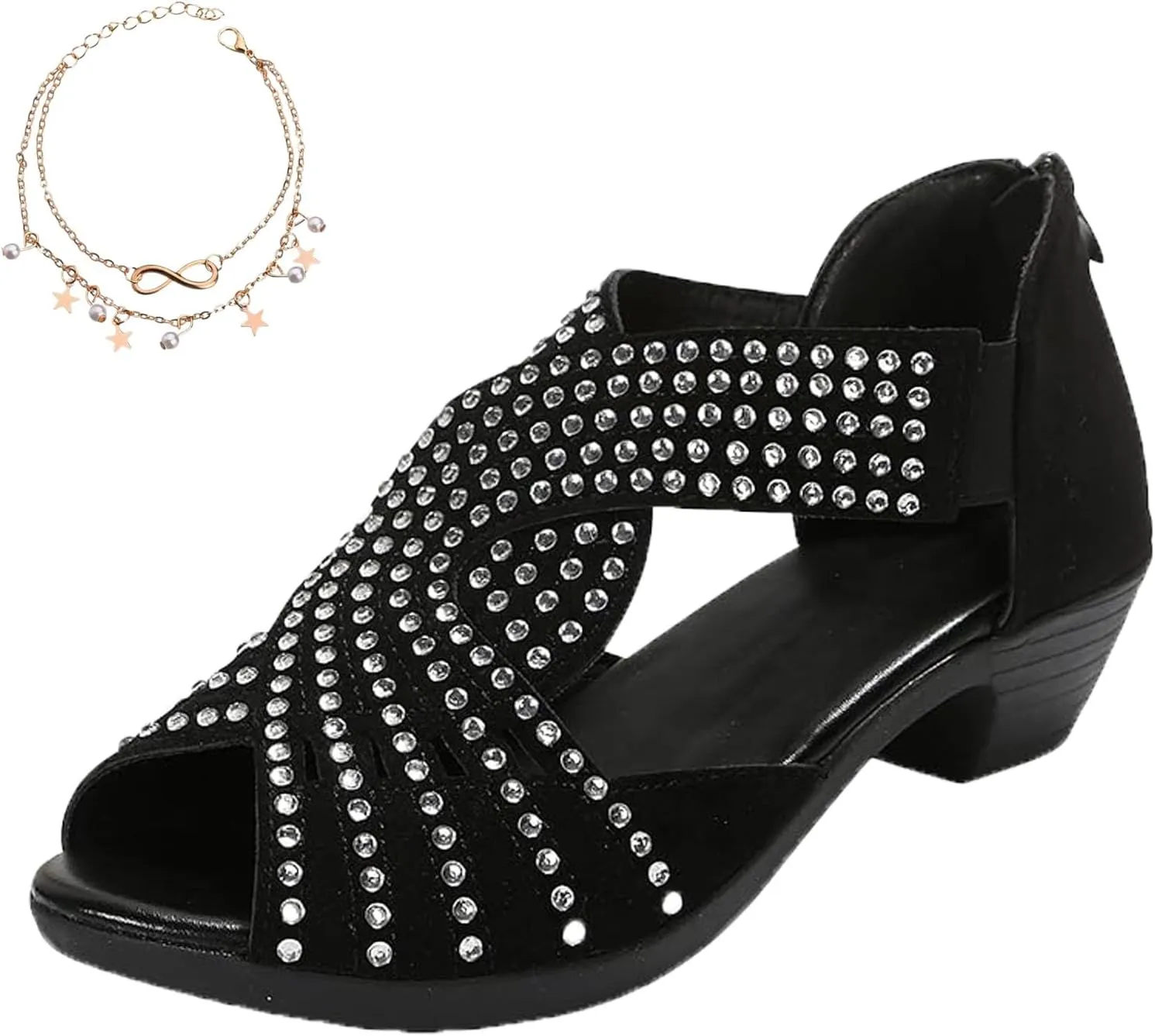 Glow Step Orthopedic Sandals, Brightelites/Soipeshop Low Heel Cut-Out Sandal, Sparkly Rhinestone Open Toe Dress Shoes