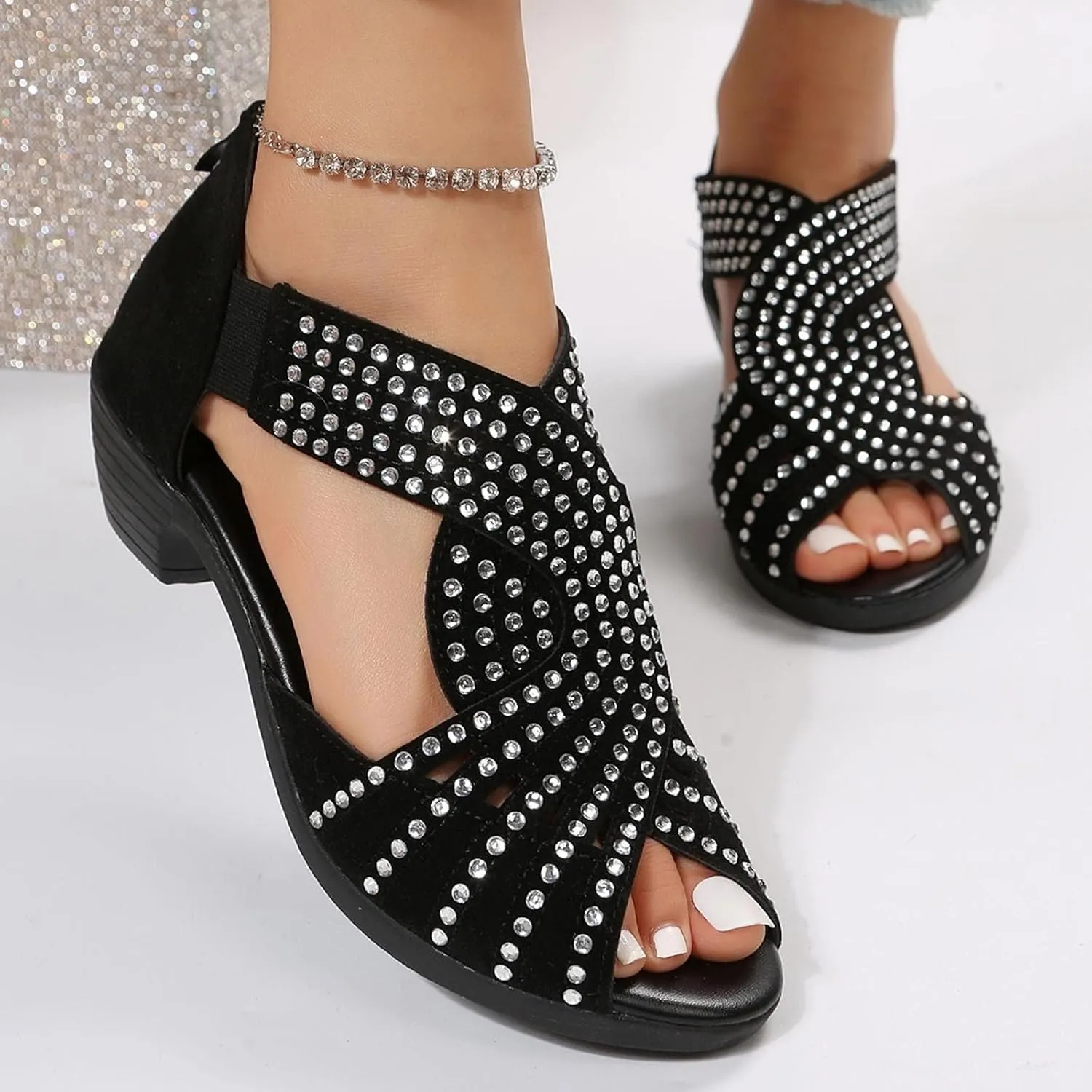 Glow Step Orthopedic Sandals, Brightelites/Soipeshop Low Heel Cut-Out Sandal, Sparkly Rhinestone Open Toe Dress Shoes