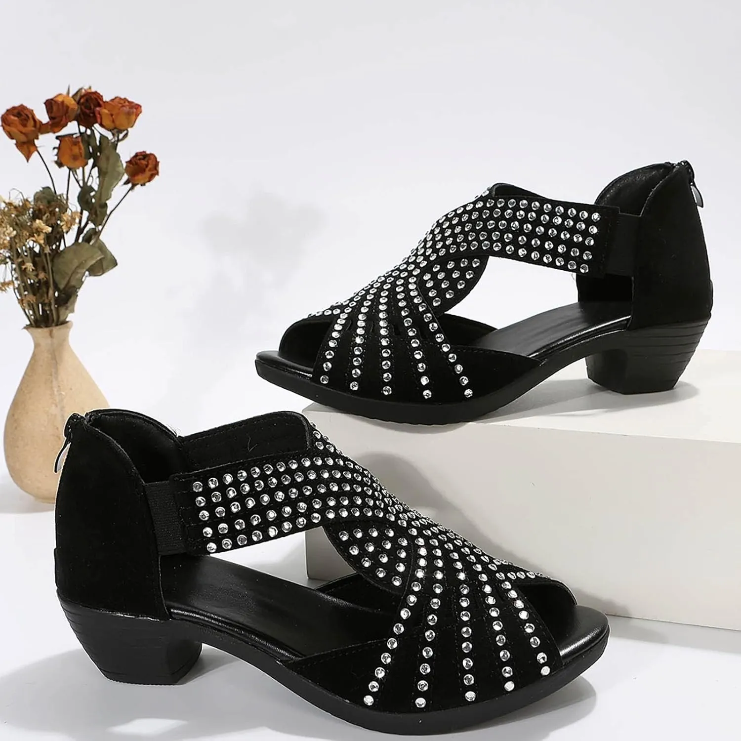 Glow Step Orthopedic Sandals, Brightelites/Soipeshop Low Heel Cut-Out Sandal, Sparkly Rhinestone Open Toe Dress Shoes