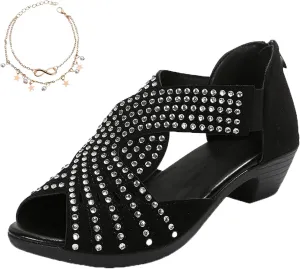 Glow Step Orthopedic Sandals, Brightelites/Soipeshop Low Heel Cut-Out Sandal, Sparkly Rhinestone Open Toe Dress Shoes