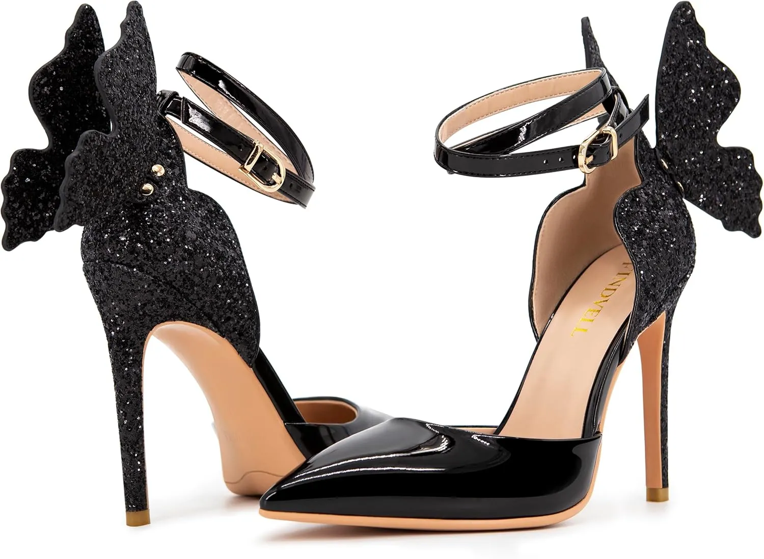 Gold High Heels Butterfly Back Sexy Stiletto Pumps Closed Toe Sparkly Ankle Strap Heels Sandals Dress Shoes for Women