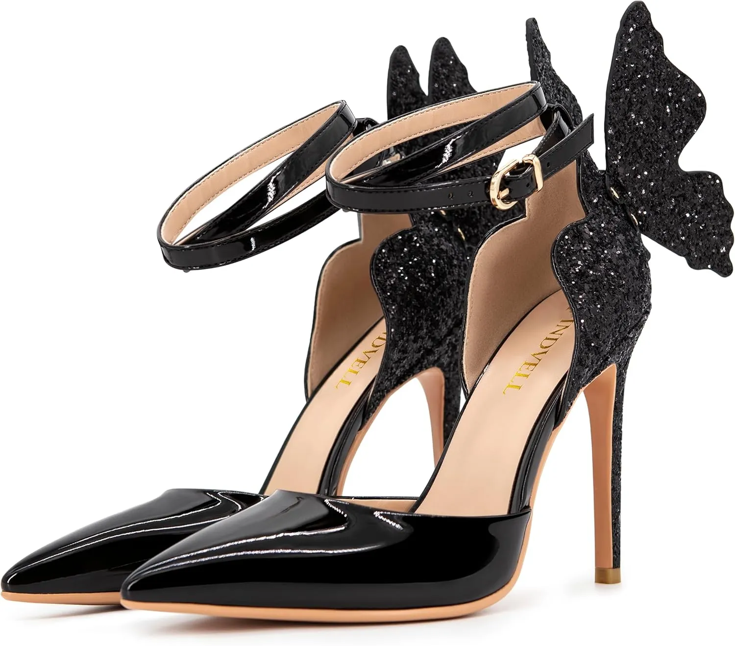 Gold High Heels Butterfly Back Sexy Stiletto Pumps Closed Toe Sparkly Ankle Strap Heels Sandals Dress Shoes for Women