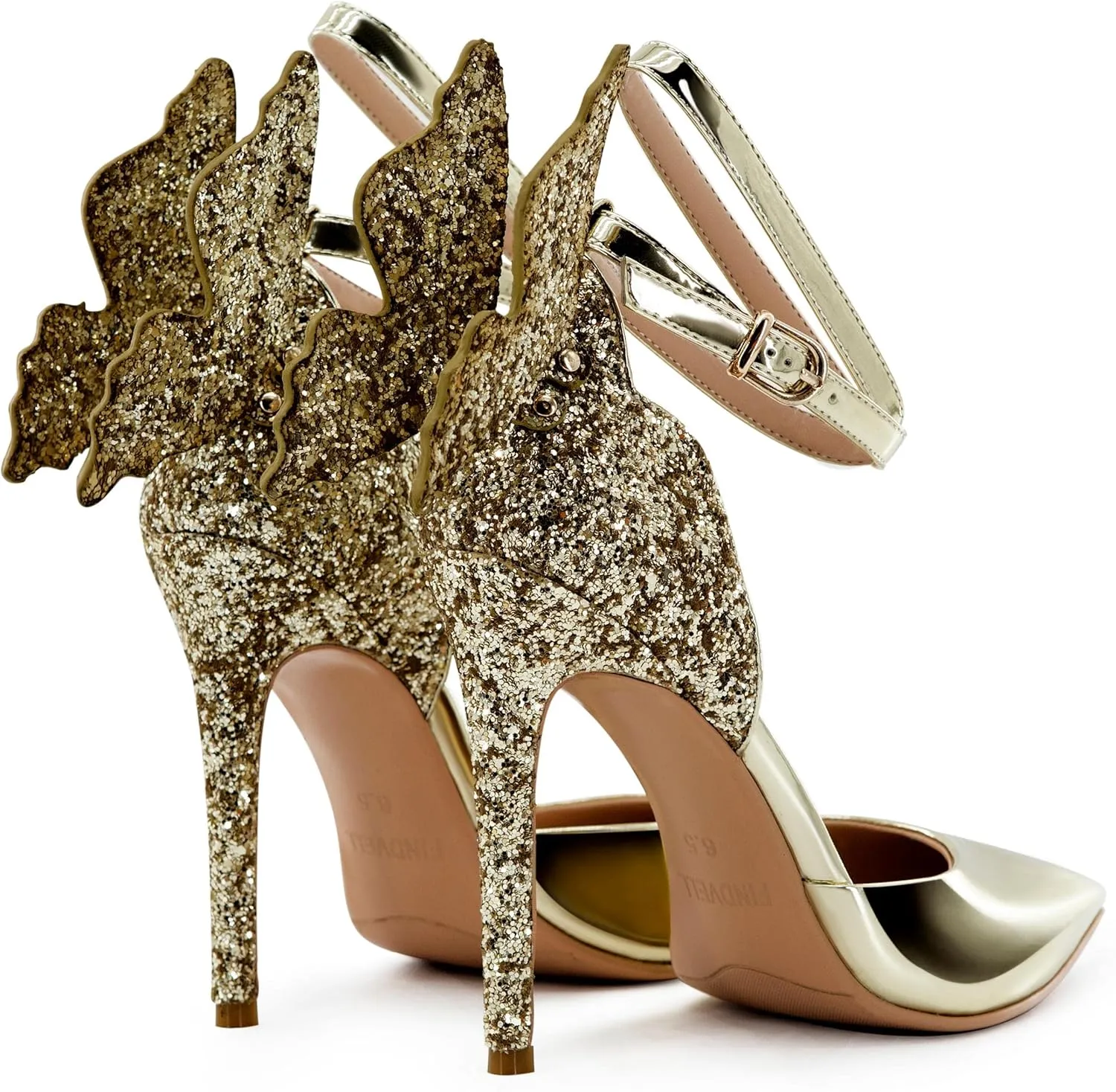 Gold High Heels Butterfly Back Sexy Stiletto Pumps Closed Toe Sparkly Ankle Strap Heels Sandals Dress Shoes for Women