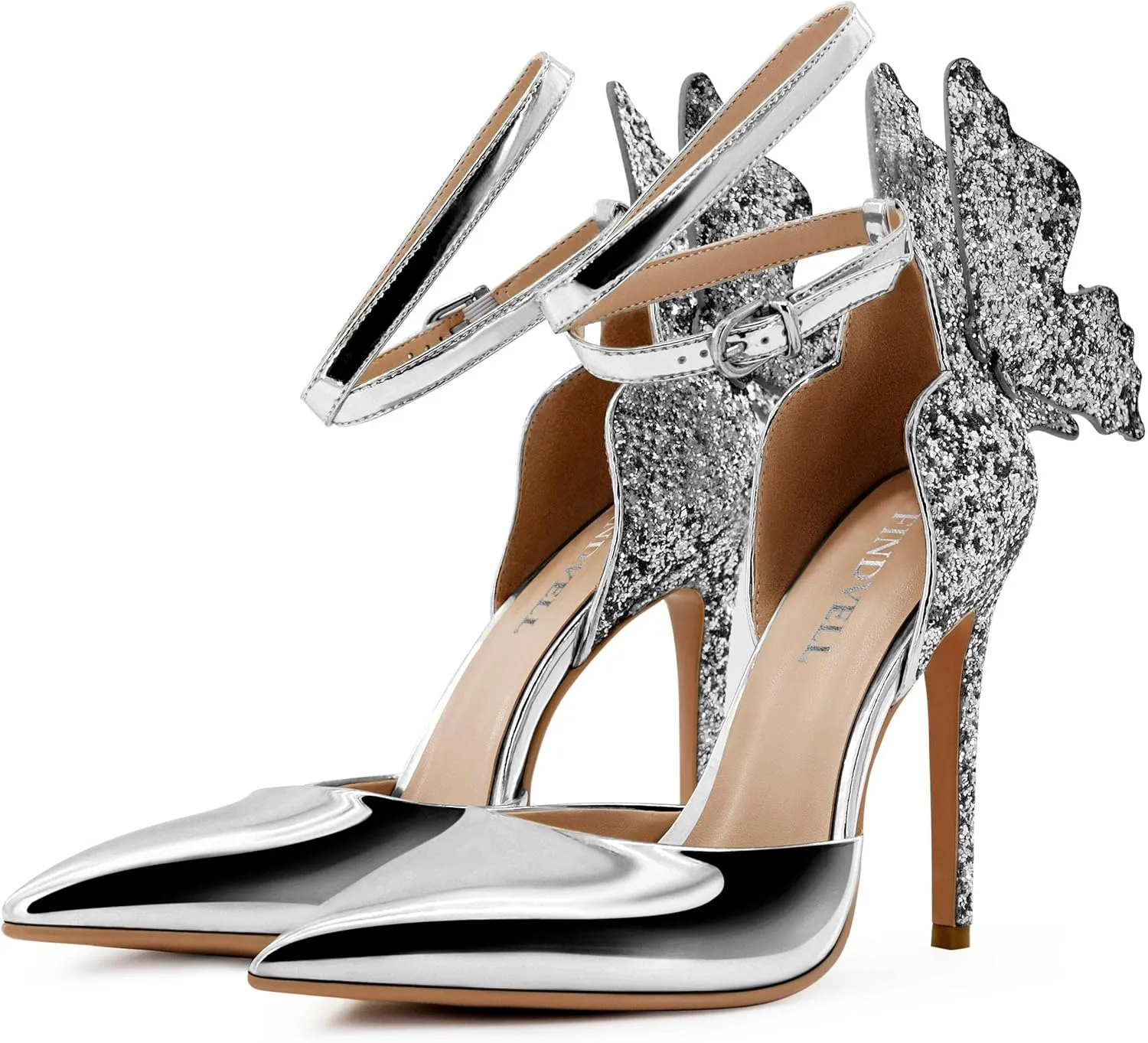 Gold High Heels Butterfly Back Sexy Stiletto Pumps Closed Toe Sparkly Ankle Strap Heels Sandals Dress Shoes for Women