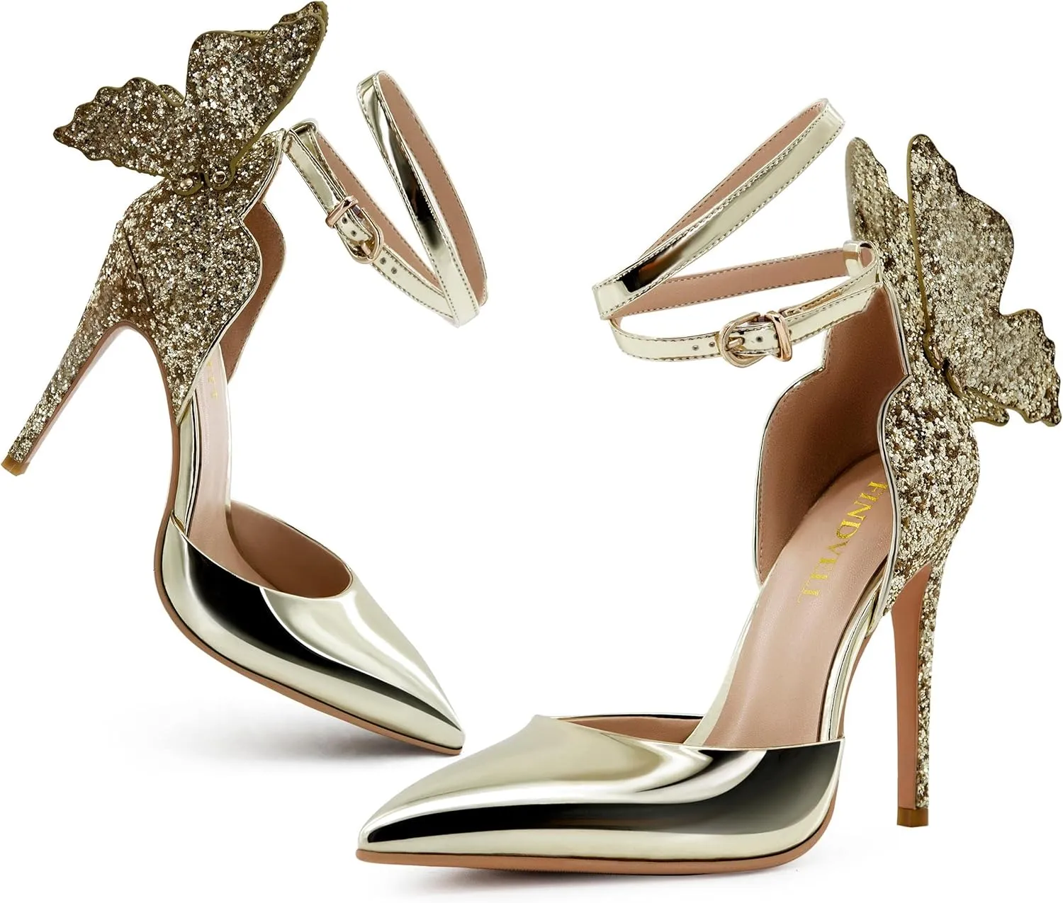 Gold High Heels Butterfly Back Sexy Stiletto Pumps Closed Toe Sparkly Ankle Strap Heels Sandals Dress Shoes for Women