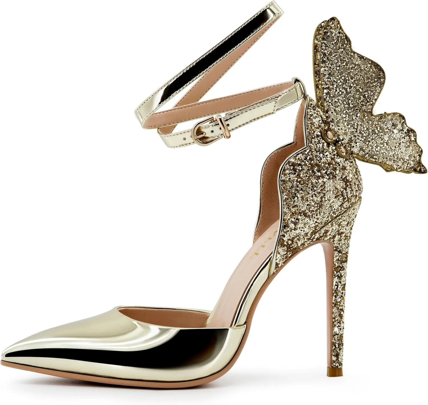 Gold High Heels Butterfly Back Sexy Stiletto Pumps Closed Toe Sparkly Ankle Strap Heels Sandals Dress Shoes for Women