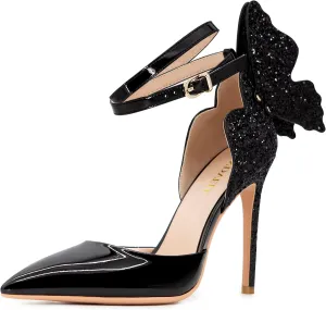 Gold High Heels Butterfly Back Sexy Stiletto Pumps Closed Toe Sparkly Ankle Strap Heels Sandals Dress Shoes for Women