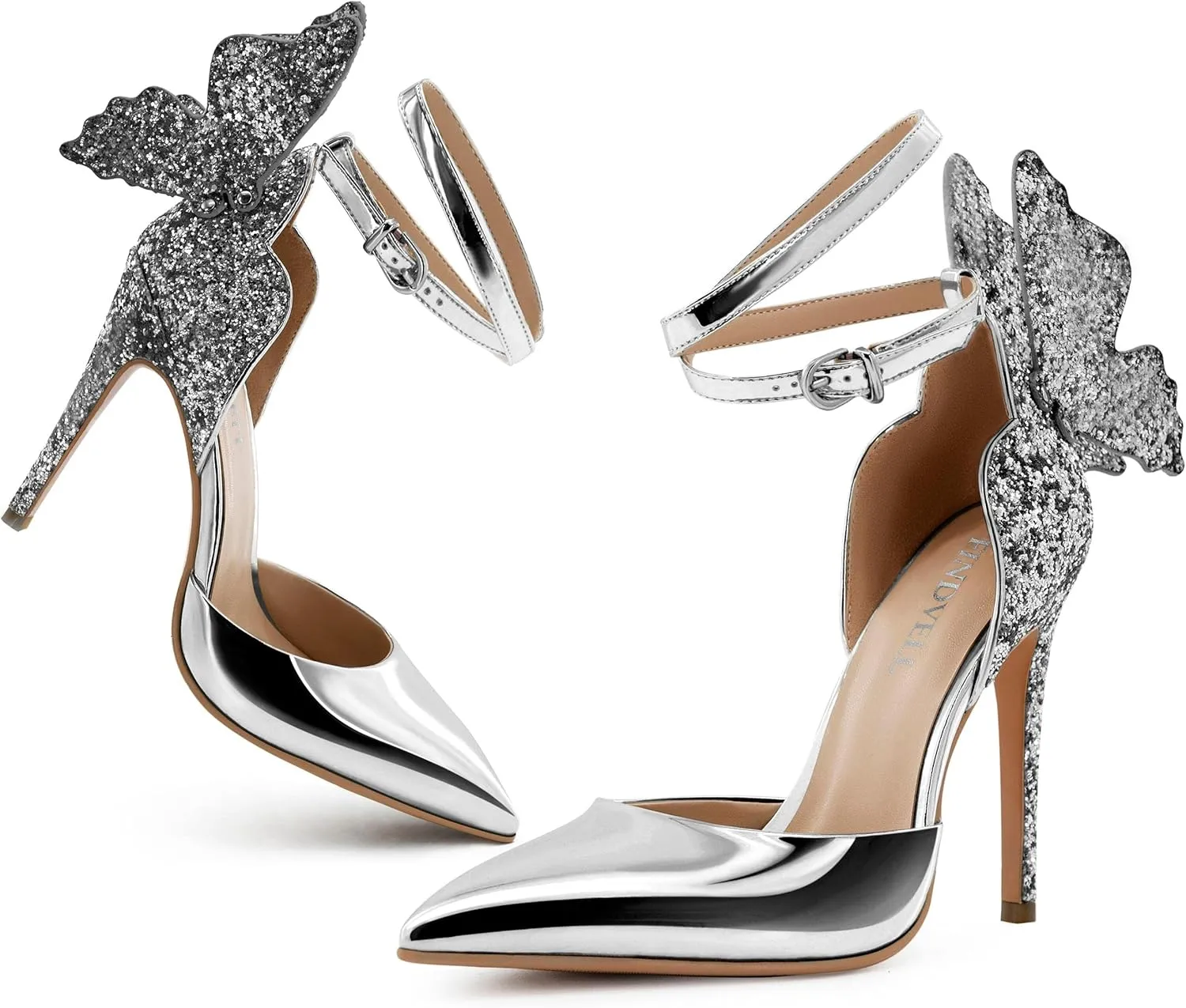 Gold High Heels Butterfly Back Sexy Stiletto Pumps Closed Toe Sparkly Ankle Strap Heels Sandals Dress Shoes for Women