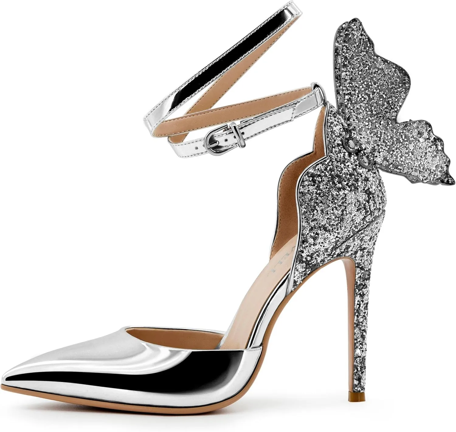 Gold High Heels Butterfly Back Sexy Stiletto Pumps Closed Toe Sparkly Ankle Strap Heels Sandals Dress Shoes for Women