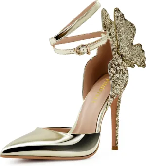Gold High Heels Butterfly Back Sexy Stiletto Pumps Closed Toe Sparkly Ankle Strap Heels Sandals Dress Shoes for Women