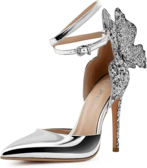 Gold High Heels Butterfly Back Sexy Stiletto Pumps Closed Toe Sparkly Ankle Strap Heels Sandals Dress Shoes for Women
