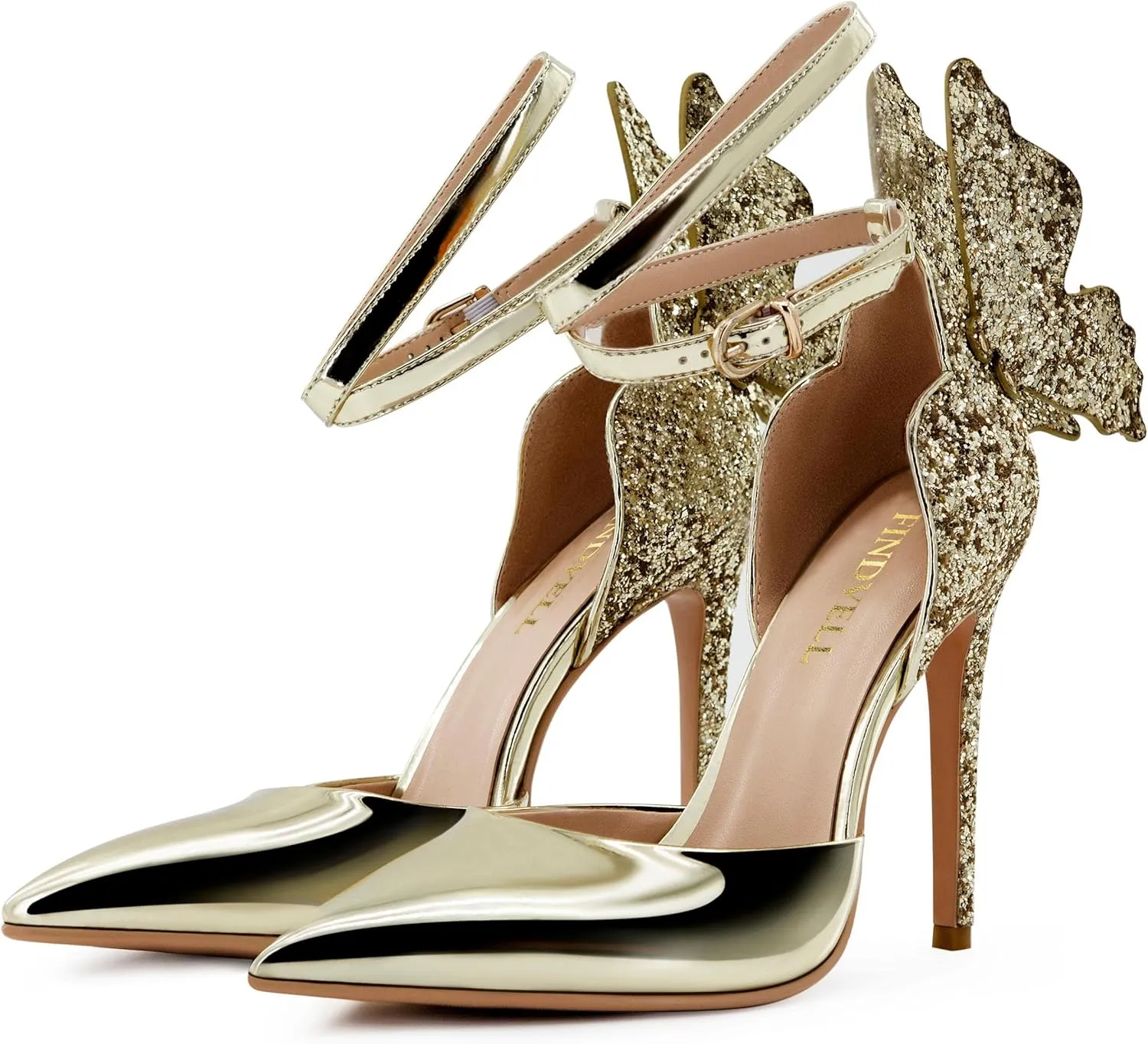 Gold High Heels Butterfly Back Sexy Stiletto Pumps Closed Toe Sparkly Ankle Strap Heels Sandals Dress Shoes for Women