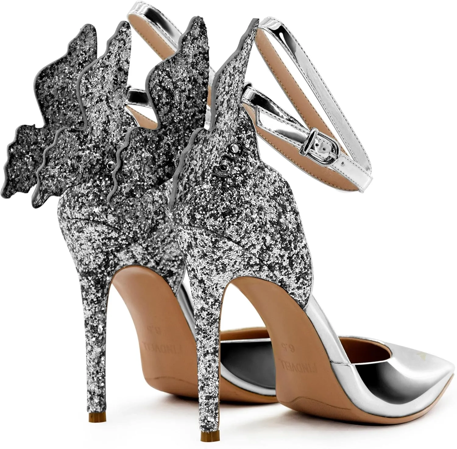 Gold High Heels Butterfly Back Sexy Stiletto Pumps Closed Toe Sparkly Ankle Strap Heels Sandals Dress Shoes for Women