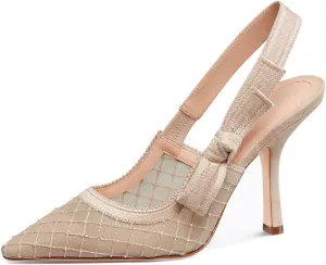 Goolita Pointed Closed Toe Pearl Slingback Heels for Women, Mesh Bow Evening Pump Stiletto High Heels Backless Party Bridal Shoes for Wedding