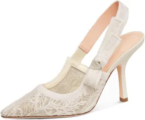 Goolita Pointed Closed Toe Pearl Slingback Heels for Women, Mesh Bow Evening Pump Stiletto High Heels Backless Party Bridal Shoes for Wedding