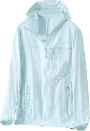 Gorgeous Unisex Solid Color UV Sunscreen Clothing Coat Lightweight Seaside Wear Hooded Zipper Long Sleeved Jacket