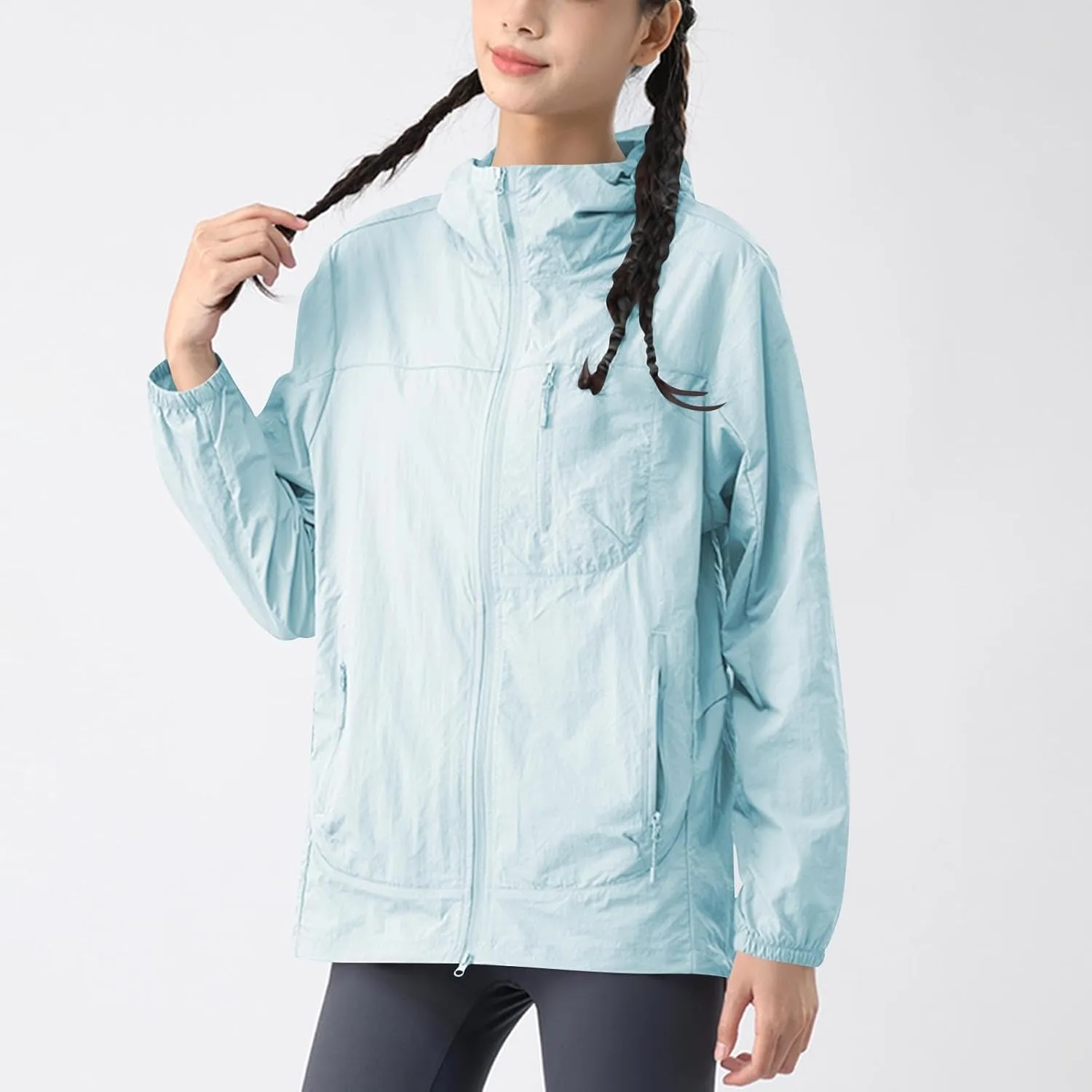 Gorgeous Unisex Solid Color UV Sunscreen Clothing Coat Lightweight Seaside Wear Hooded Zipper Long Sleeved Jacket