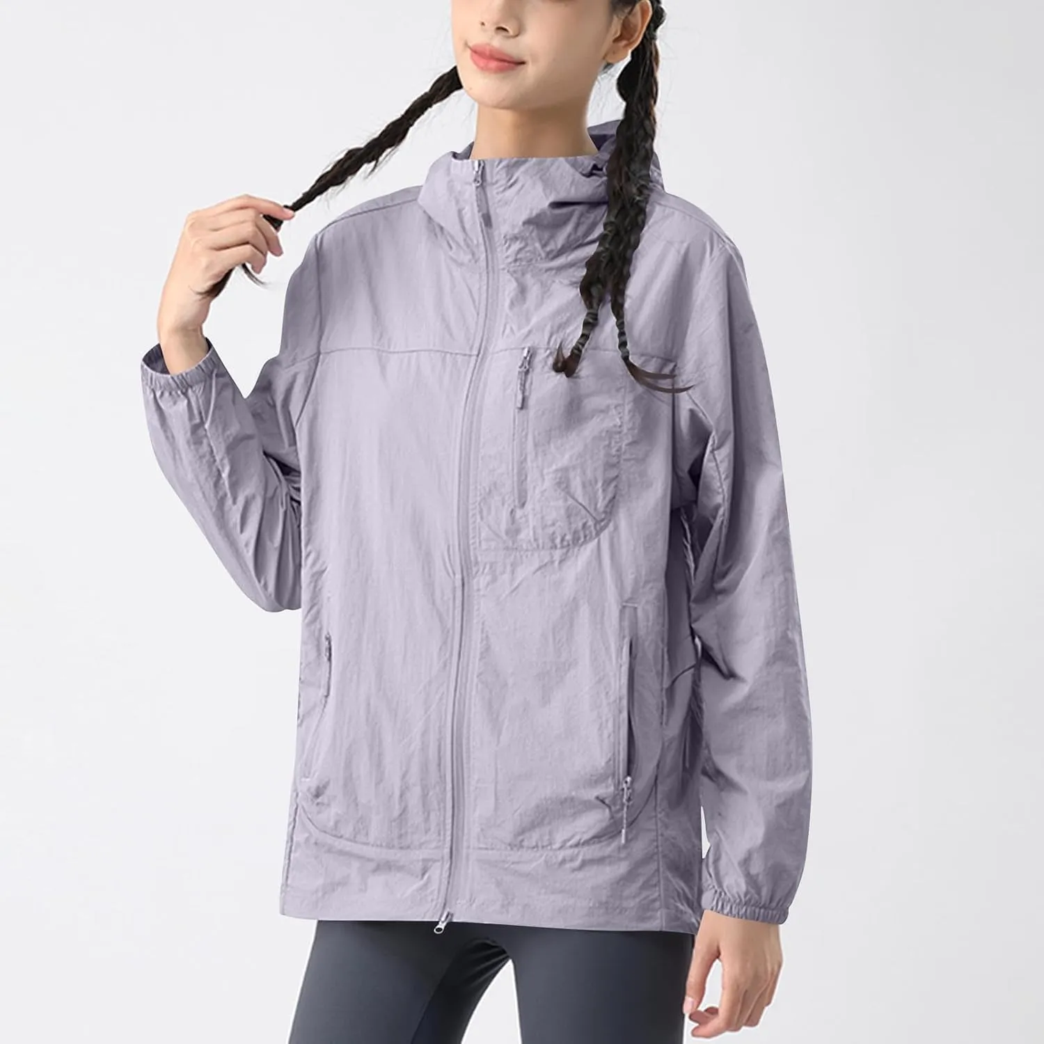Gorgeous Unisex Solid Color UV Sunscreen Clothing Coat Lightweight Seaside Wear Hooded Zipper Long Sleeved Jacket