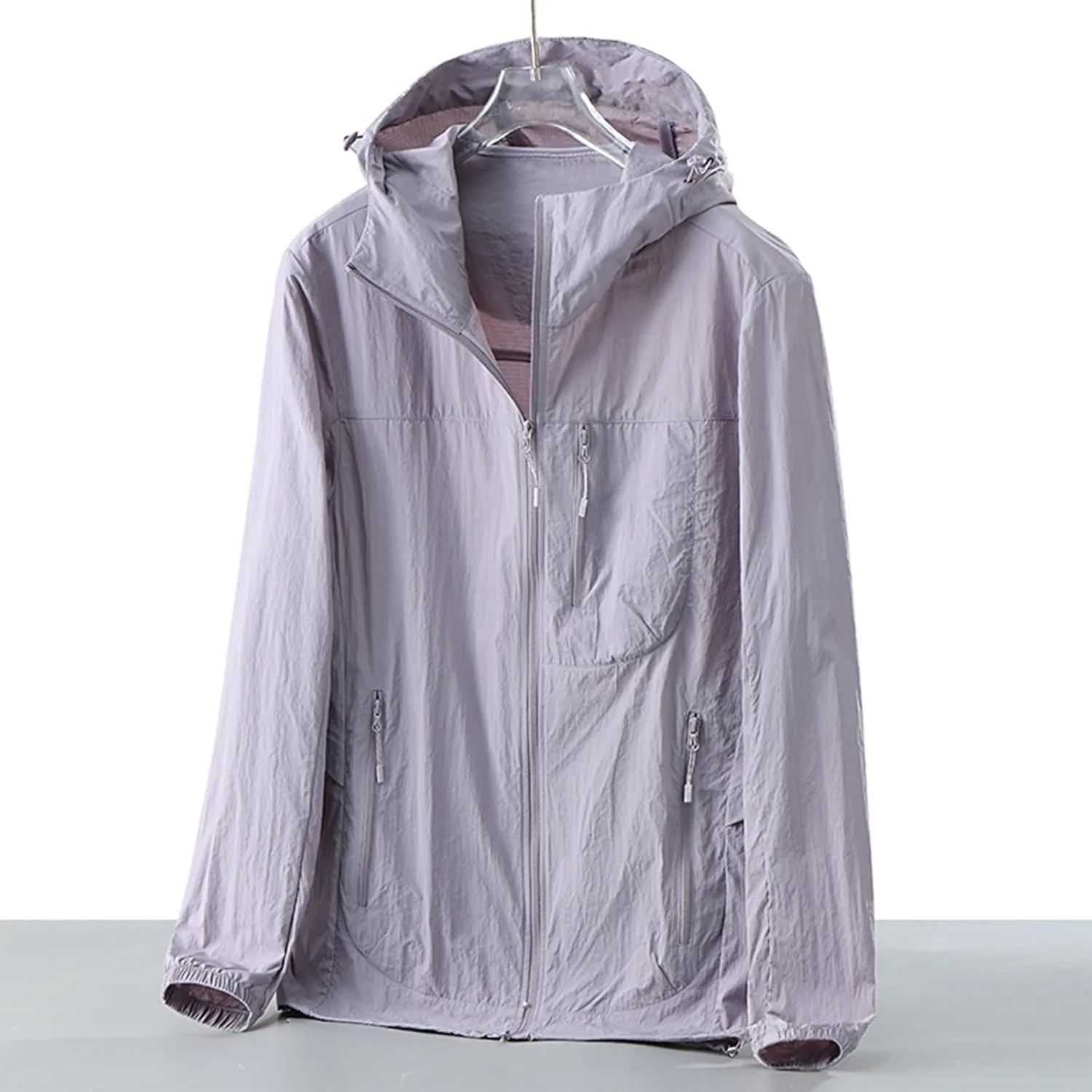 Gorgeous Unisex Solid Color UV Sunscreen Clothing Coat Lightweight Seaside Wear Hooded Zipper Long Sleeved Jacket