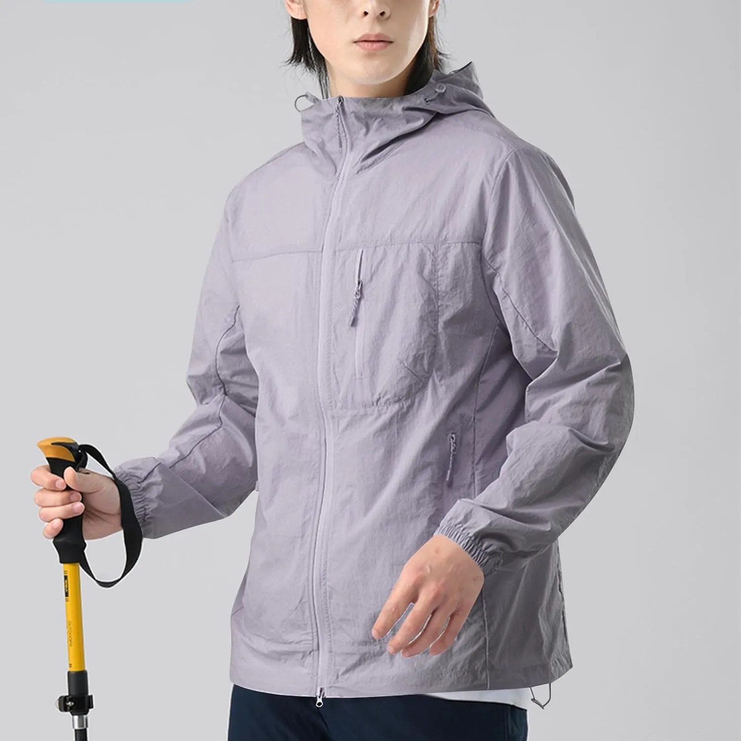 Gorgeous Unisex Solid Color UV Sunscreen Clothing Coat Lightweight Seaside Wear Hooded Zipper Long Sleeved Jacket