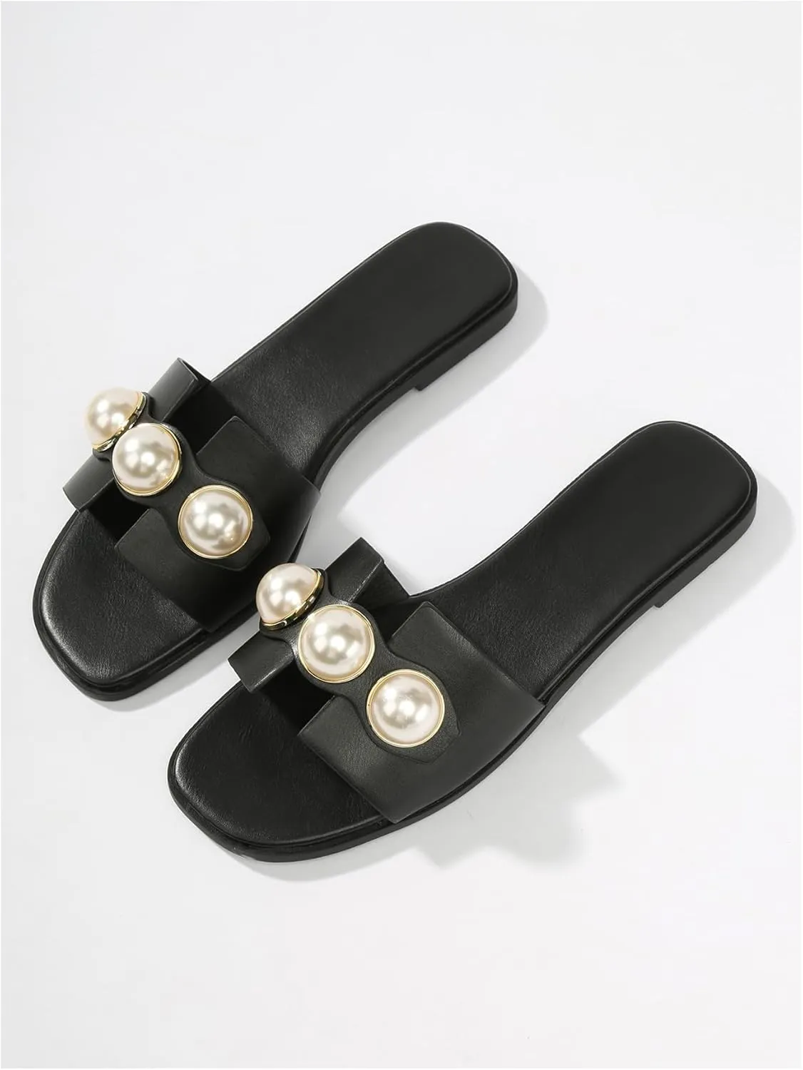 GORGLITTER Women's H Sandals Pearl Flat Sandals Square Toe Dressy Summer Cute Sandals Shoes 2025