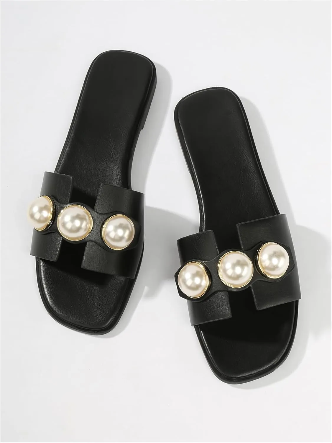 GORGLITTER Women's H Sandals Pearl Flat Sandals Square Toe Dressy Summer Cute Sandals Shoes 2025