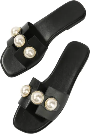 GORGLITTER Women's H Sandals Pearl Flat Sandals Square Toe Dressy Summer Cute Sandals Shoes 2025
