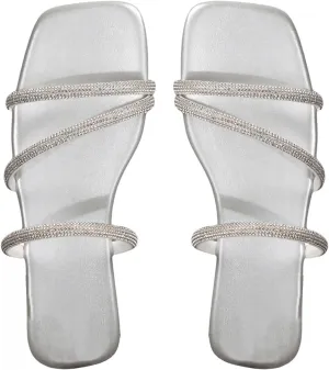 GORGLITTER Women's Rhinestone Flat Strappy Sandals Dress Open Toe Slip on Slide Sandals