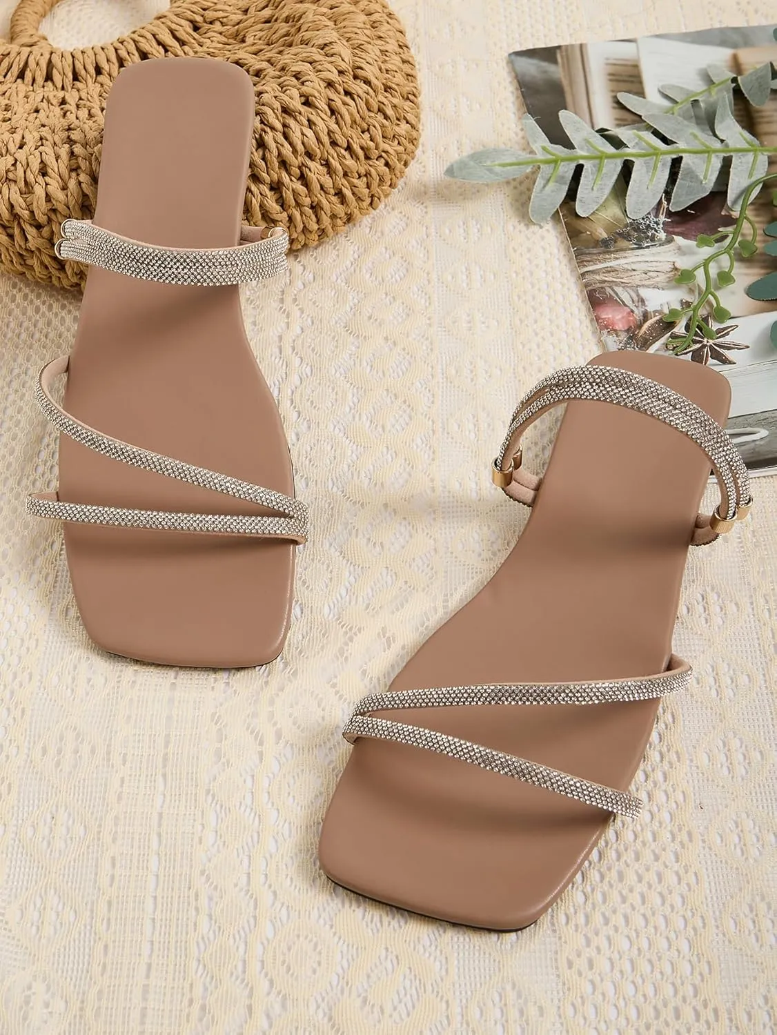 GORGLITTER Women's Rhinestone Flat Strappy Sandals Dress Open Toe Slip on Slide Sandals