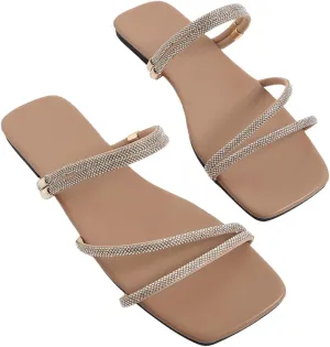 GORGLITTER Women's Rhinestone Flat Strappy Sandals Dress Open Toe Slip on Slide Sandals