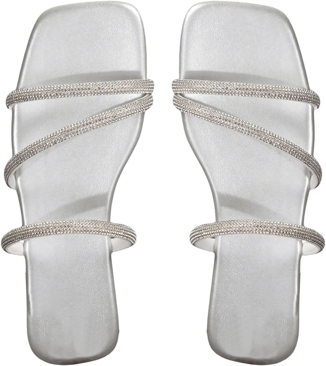 GORGLITTER Women's Rhinestone Flat Strappy Sandals Dress Open Toe Slip on Slide Sandals