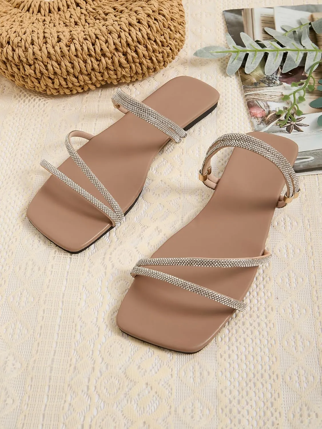 GORGLITTER Women's Rhinestone Flat Strappy Sandals Dress Open Toe Slip on Slide Sandals