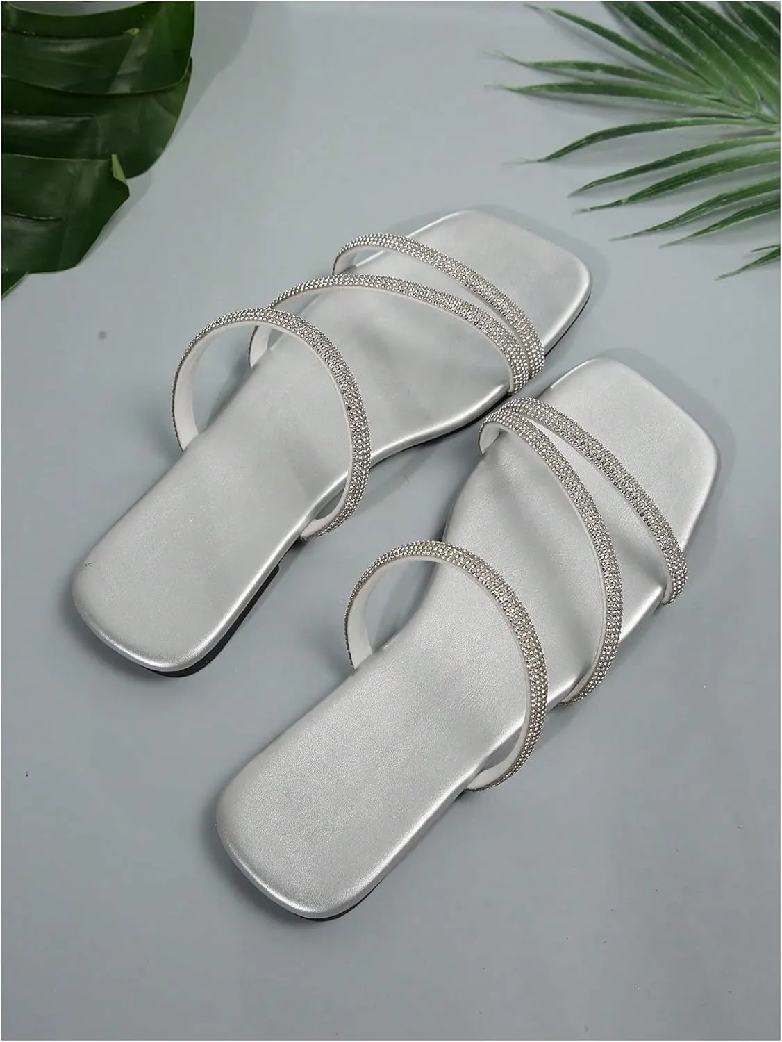 GORGLITTER Women's Rhinestone Flat Strappy Sandals Dress Open Toe Slip on Slide Sandals