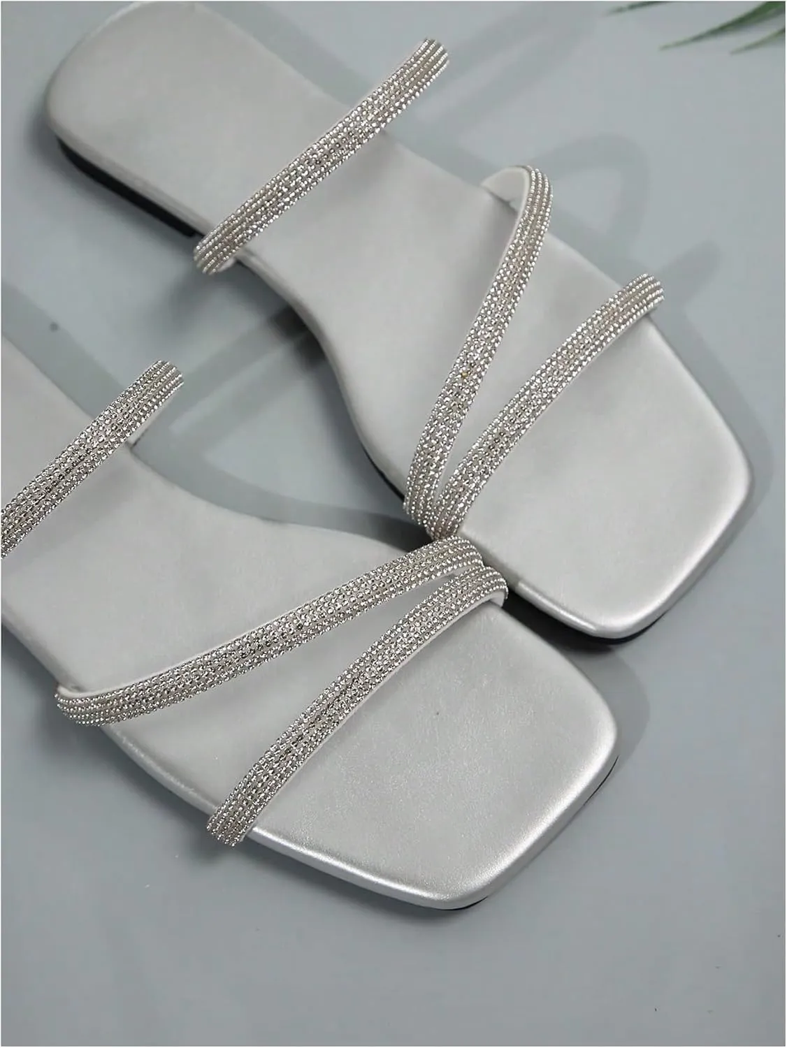 GORGLITTER Women's Rhinestone Flat Strappy Sandals Dress Open Toe Slip on Slide Sandals