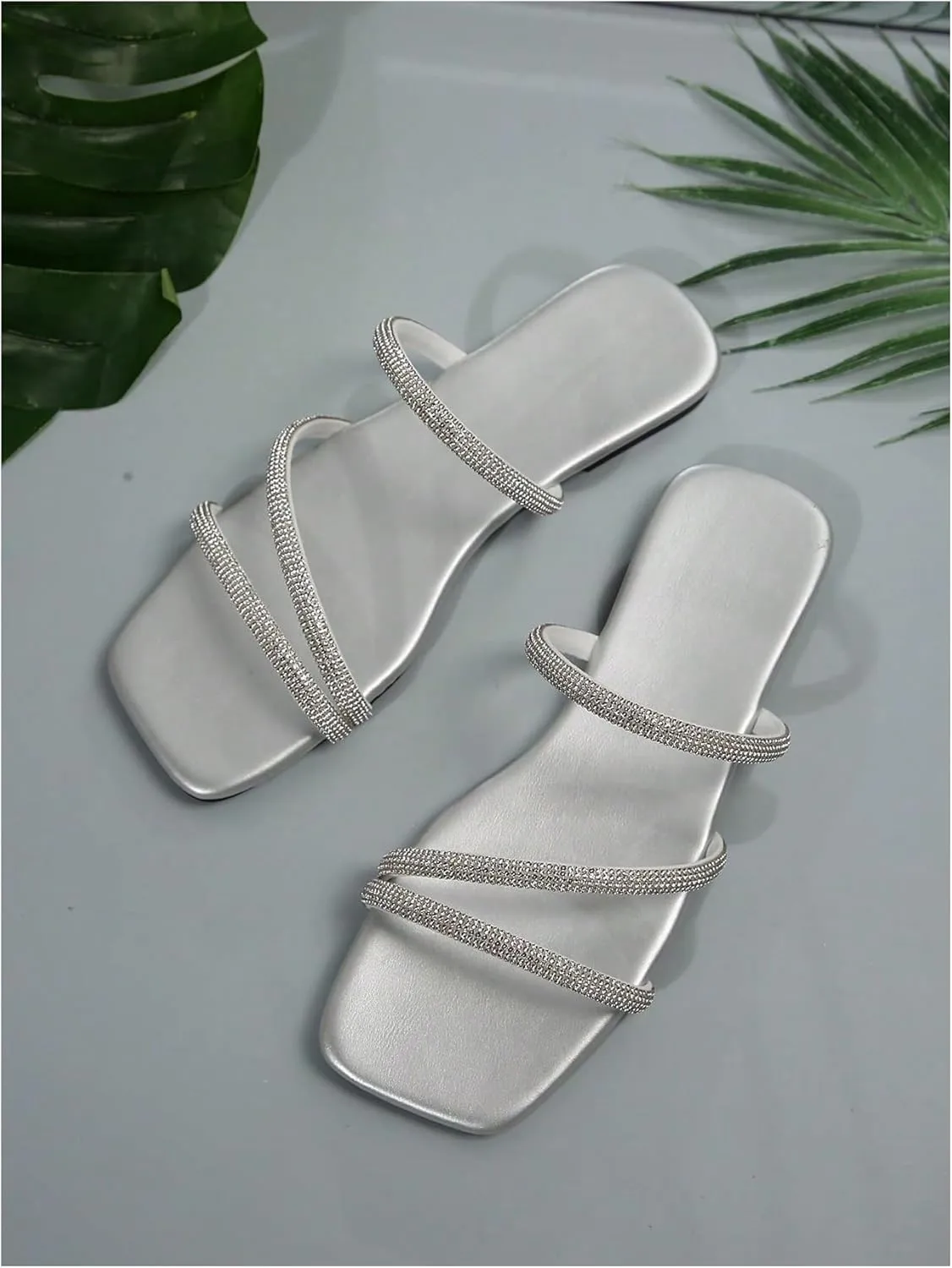 GORGLITTER Women's Rhinestone Flat Strappy Sandals Dress Open Toe Slip on Slide Sandals