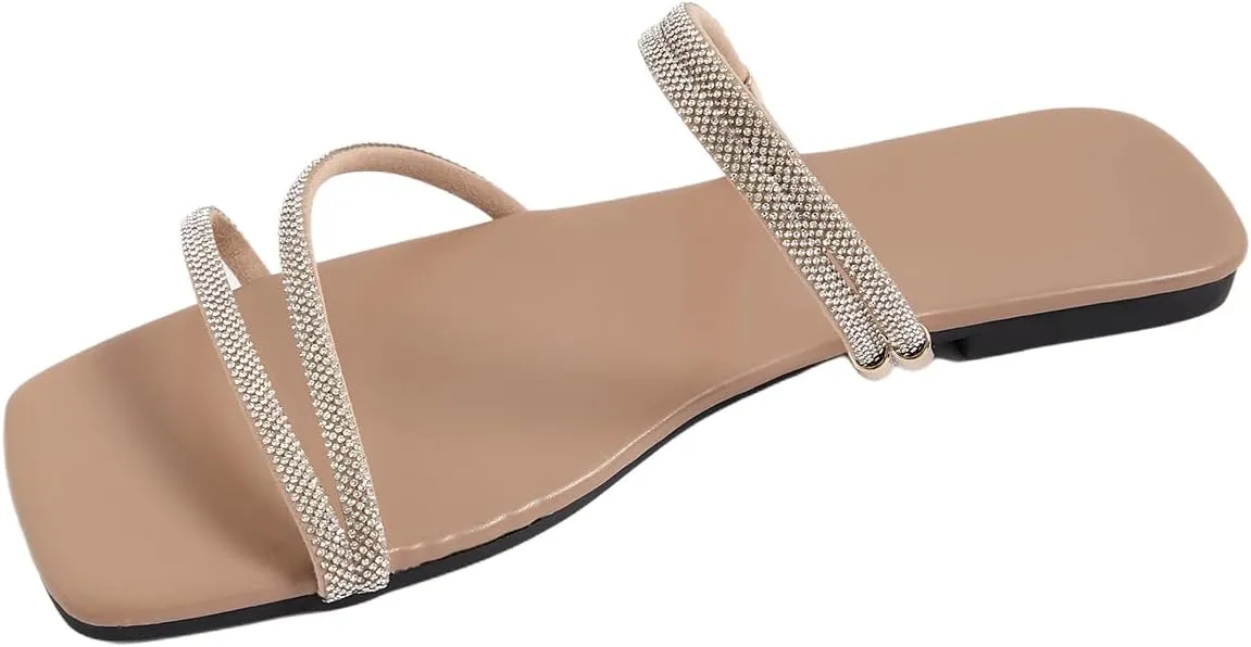 GORGLITTER Women's Rhinestone Flat Strappy Sandals Dress Open Toe Slip on Slide Sandals