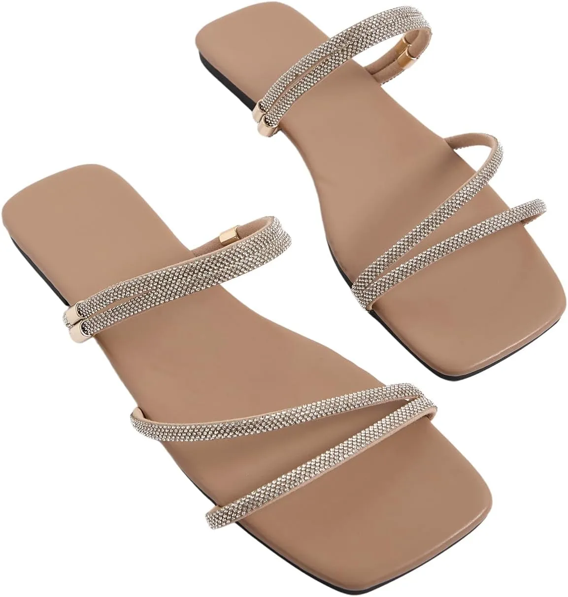 GORGLITTER Women's Rhinestone Flat Strappy Sandals Dress Open Toe Slip on Slide Sandals