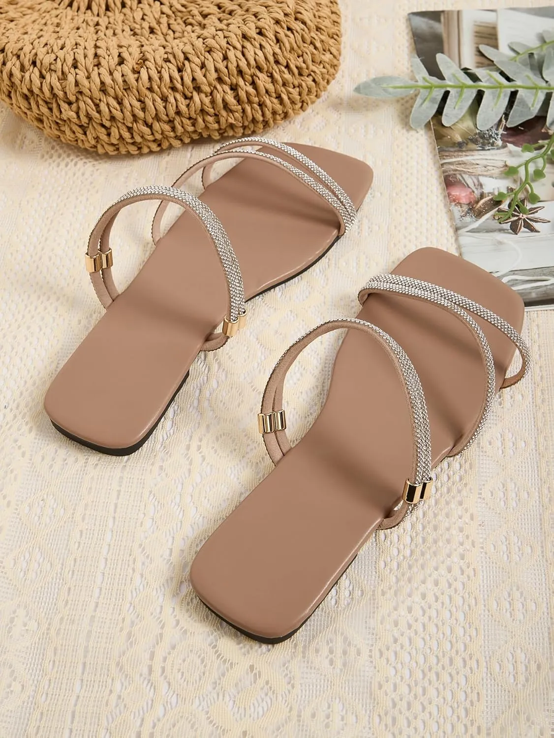 GORGLITTER Women's Rhinestone Flat Strappy Sandals Dress Open Toe Slip on Slide Sandals