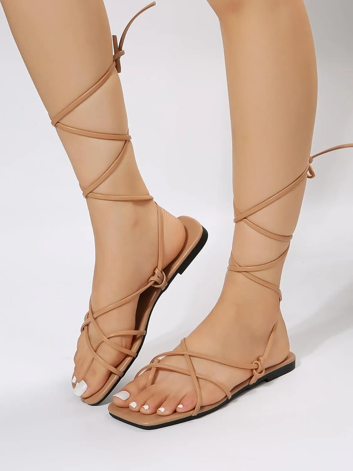 GORGLITTER Women's Summer Strappy Beach Sandals For Women 2025 Leather Lace Up Shoes