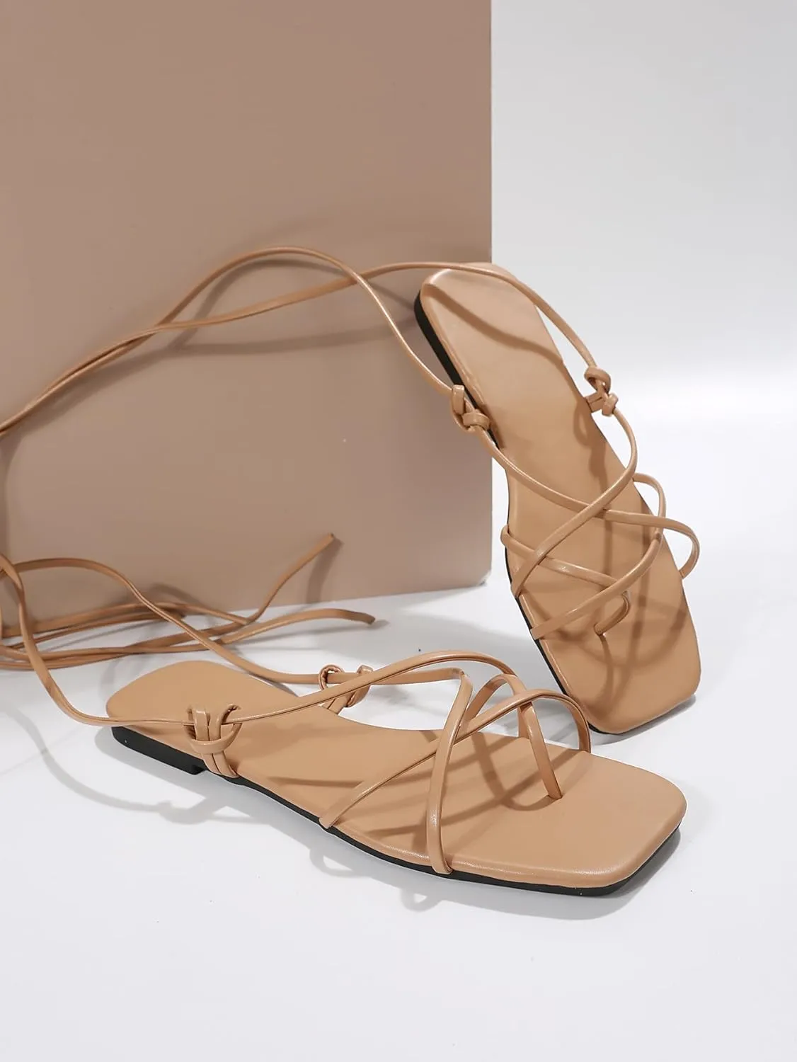 GORGLITTER Women's Summer Strappy Beach Sandals For Women 2025 Leather Lace Up Shoes