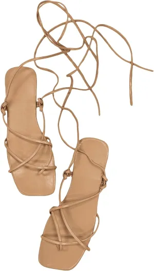 GORGLITTER Women's Summer Strappy Beach Sandals For Women 2025 Leather Lace Up Shoes