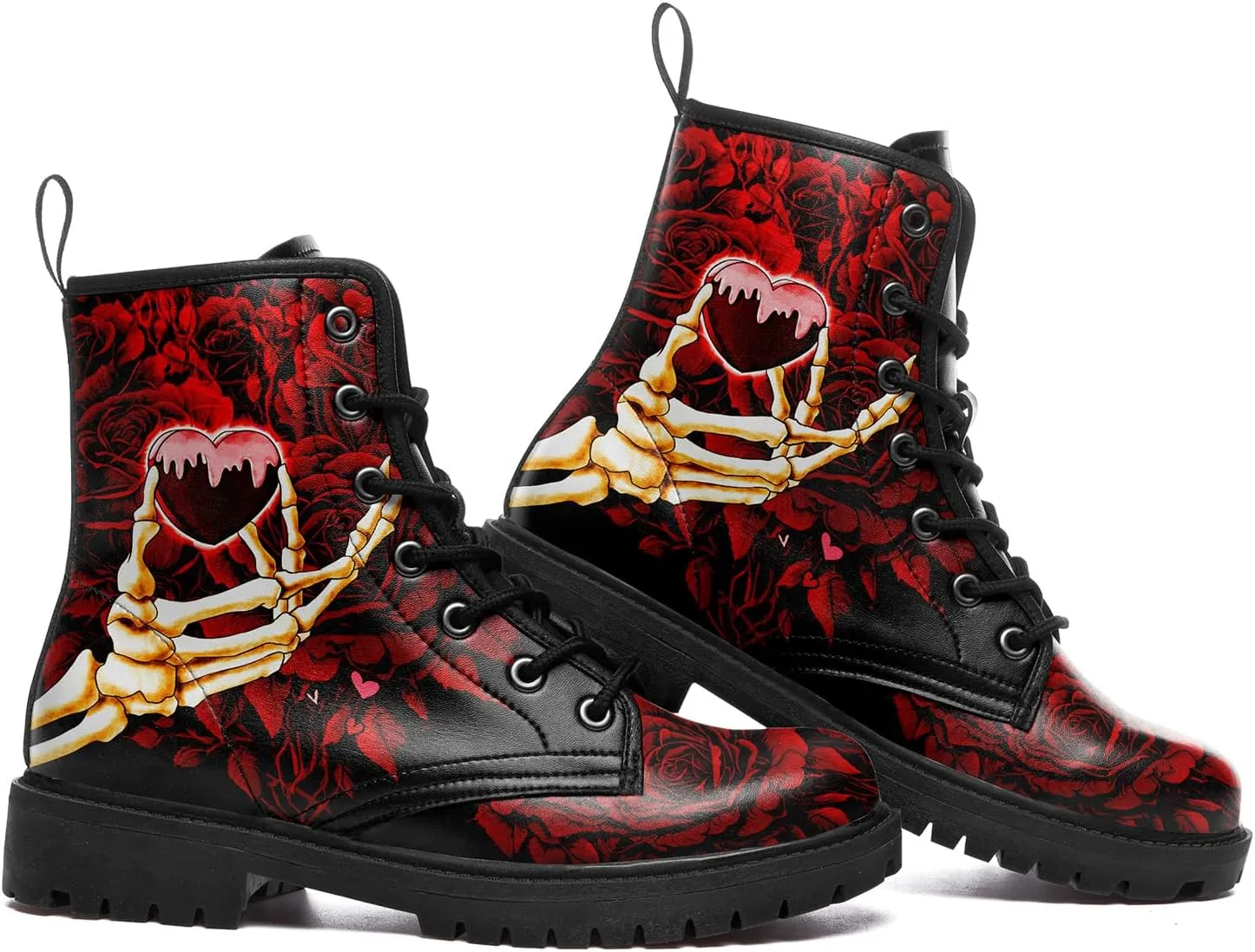 Gothic Boots Skull Rose Combat Boots Lace-Up Ankle Booties Fashion Leather Work Boots