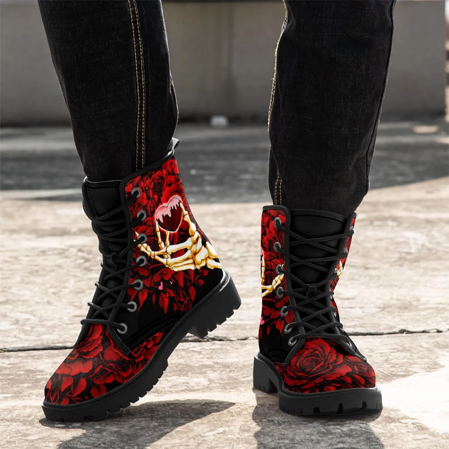 Gothic Boots Skull Rose Combat Boots Lace-Up Ankle Booties Fashion Leather Work Boots
