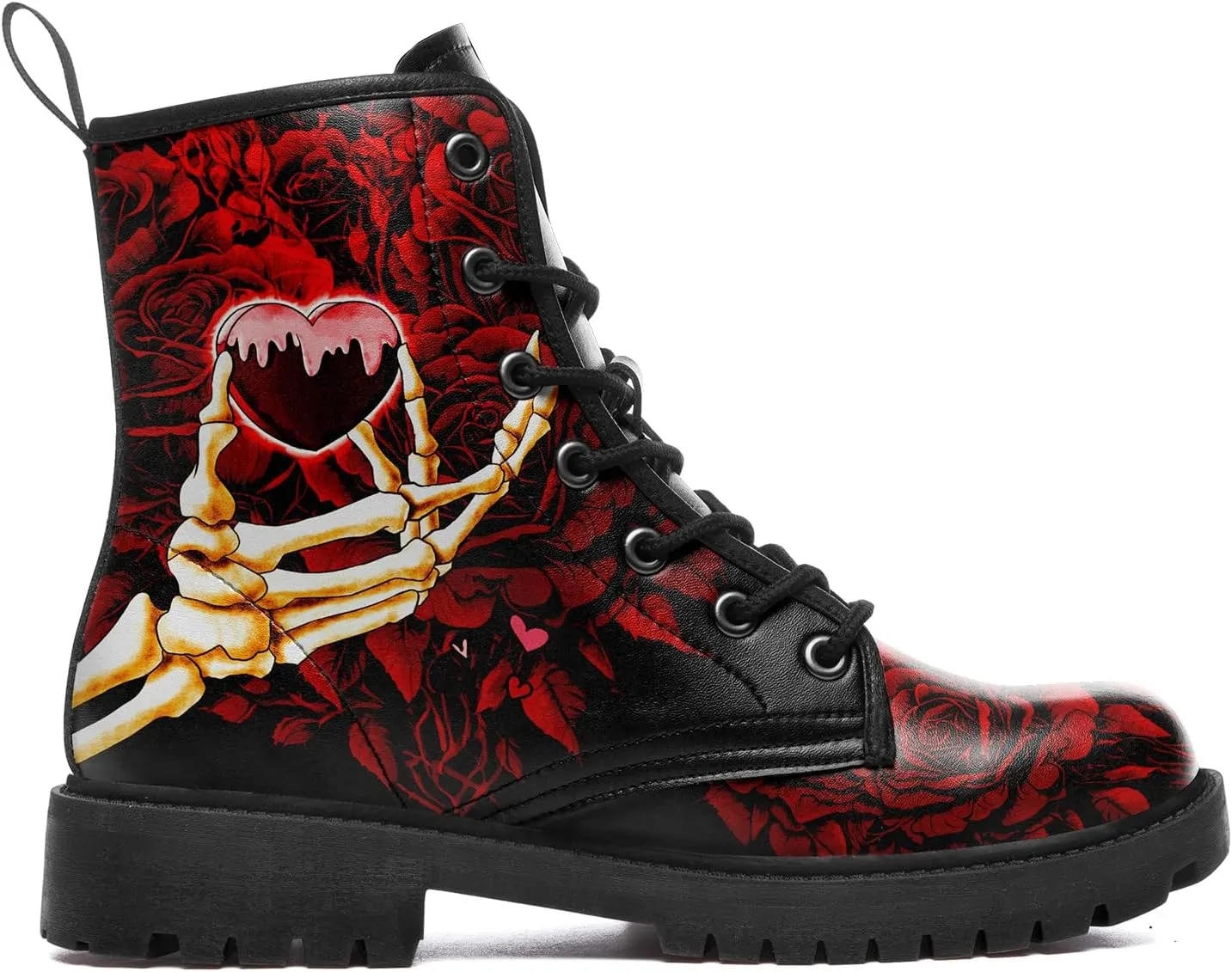 Gothic Boots Skull Rose Combat Boots Lace-Up Ankle Booties Fashion Leather Work Boots